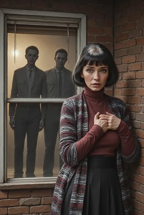 Very old white lady with black short bob hairstyle with a side bangs, she has brown eyes, She on a porch at this house she's stand by a window with blinds open and the lights on the inside the house are turned on. There are two men silhouette shadow figure...