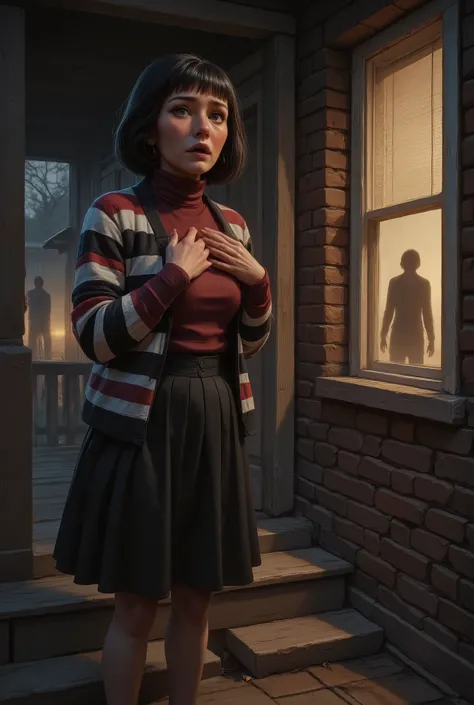 Very old white lady with black short bob hairstyle with a side bangs, she has brown eyes, She on a porch at this house she's stand by a window with blinds open and the lights on the inside the house are turned on. There are two men silhouette shadow figure...