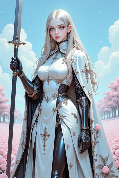 Elegant female knight in a fantasy setting, wearing a white gown and cape adorned with soft floral patterns, holding a large black sword, silver medieval armor details on arms and legs, serene and noble expression, long pale blonde hair, standing in a drea...