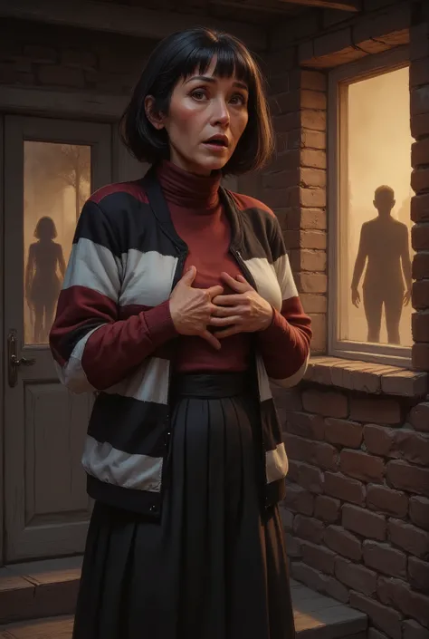 Very old white lady with black short bob hairstyle with a side bangs, she has brown eyes, She on a porch at this house she's stand by a window with blinds are down but open and the lights on the inside the house are turned on. There are two men silhouette ...