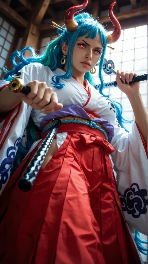 Hybrid Yamato from One Piece in anime style, set in a mystical battlefield with a dramatic and intense atmosphere. Include horns, multicolor hair (white, light blue, and pink), red hakama, traditional Japanese kimono, shimenawa rope, sharp claws, glowing e...