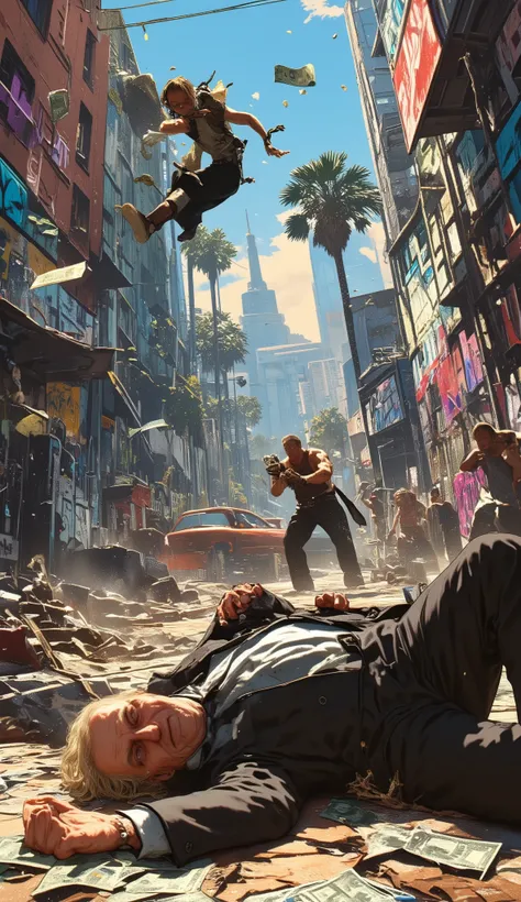 (Los Santos street battle, Graffiti, bullet holes, (stolen bills falling:1.5), Generate a (GTA-style:1.5) gang battle, Top quality, ultra fine, 16K, incredibly absurd, highly detailed, 2.5D, delicate and dynamic, A fat, blond white 83years old president ma...