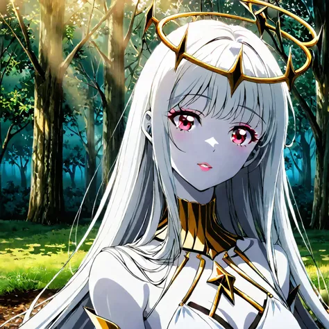 pretty girl with long white hair, White skin, And red eyes, In a forest with lights like in a movie, Dark and dimly lit. . She wears a white dress with dark gold tones , Her eyes stared at, looks at the audience. White skin, Her face is delicate and flawl...