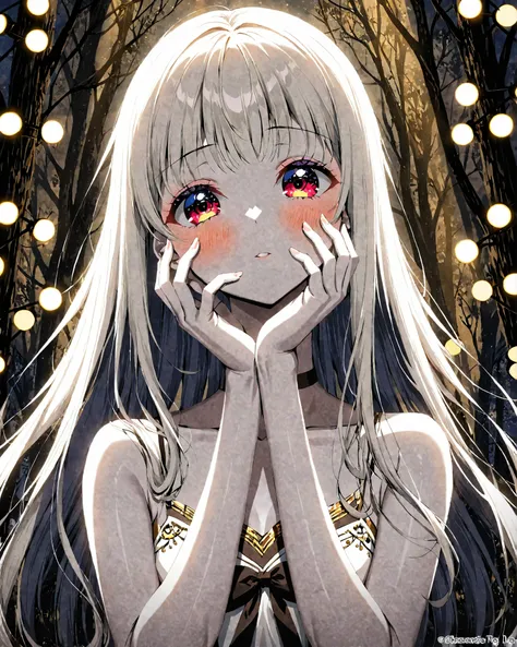pretty girl with long white hair, White skin, And red eyes, In a forest with lights like in a movie, Dark and dimly lit. . She wears a white dress with dark gold tones , Her eyes stared at, looks at the audience. White skin, Her face is delicate and flawl...