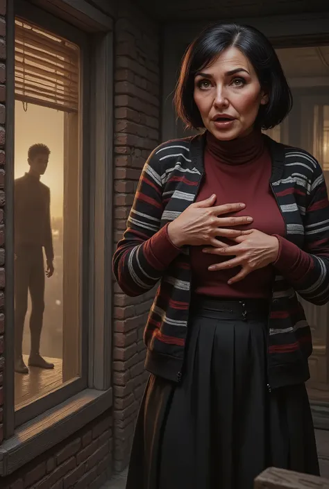 Very old white lady with black short bob hairstyle with a side bangs, she has brown eyes, She on a porch at this house she's stand by a window with blinds open and the lights on the inside the house are turned on. There are two men silhouette shadow figure...