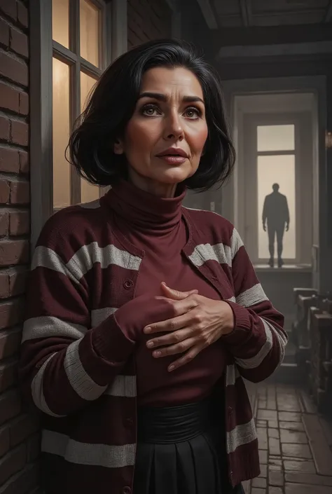 Very old white lady with black short bob hairstyle with a side bangs, she has brown eyes, She on a porch at this house she's stand by a window with blinds open and the lights on the inside the house are turned on. There are two men silhouette shadow figure...
