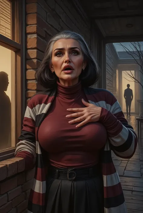 Very old white lady with black short bob hairstyle with a side bangs, she has brown eyes, She on a porch at this house she's stand by a window with blinds open and the lights on the inside the house are turned on. There are two men silhouette shadow figure...