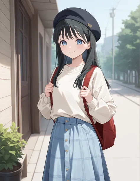 1girl, komichiakebi, komichi akebi, black hair, blue eyes, long hair, (masterpiece), best quality, amazing quality, very aesthetic, smile, wearing casual outfit, wearing white sweater, blue casual skirt, OOTD, wearing black casual backpack, rugsack, wearin...