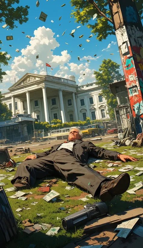 (tariff battle, Graffiti, bullet holes, (stolen bills falling:1.5), Generate a (GTA-style:1.5) tariff battle, Top quality, ultra fine, 16K, incredibly absurd, highly detailed, 2.5D, delicate and dynamic, A fat, blond white 83years old Mr.President of U.S.A...