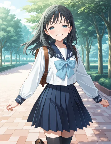 masterpiece, best quality, solo, 1girl, 1girl, komichiakebi, komichi akebi, black hair, long hair, blue eyes. The top is a white long sleeves sailor uniform with blue sailor collar and cyan bowtie. For the skirt, pair it with a blue pleated skirt for a cut...