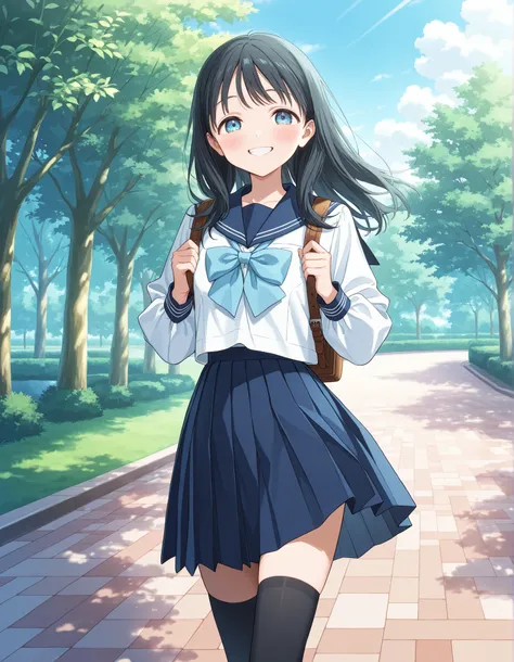 masterpiece, best quality, solo, 1girl, 1girl, komichiakebi, komichi akebi, black hair, long hair, blue eyes. The top is a white long sleeves sailor uniform with blue sailor collar and cyan bowtie. For the skirt, pair it with a blue pleated skirt for a cut...