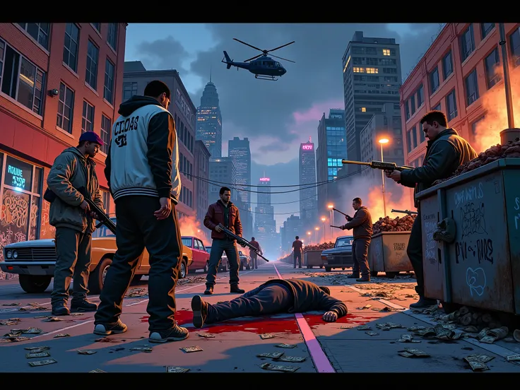 An intense, gritty depiction of gang warfare in Los Santos, styled in the iconic aesthetic of Grand Theft Auto. The scene is drenched in chaos: graffiti-covered walls marking gang territories, bullet holes riddling abandoned cars, and smoke rising from bur...