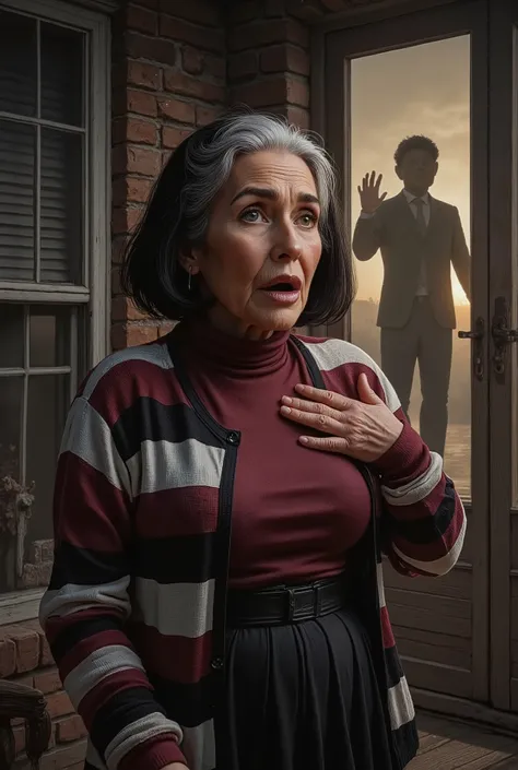 Very old white lady with black short bob hairstyle with a side bangs, she has brown eyes, She on a porch at this house she's stand by a window with blinds open and the lights on the inside the house are turned on. There are two men silhouette shadow figure...