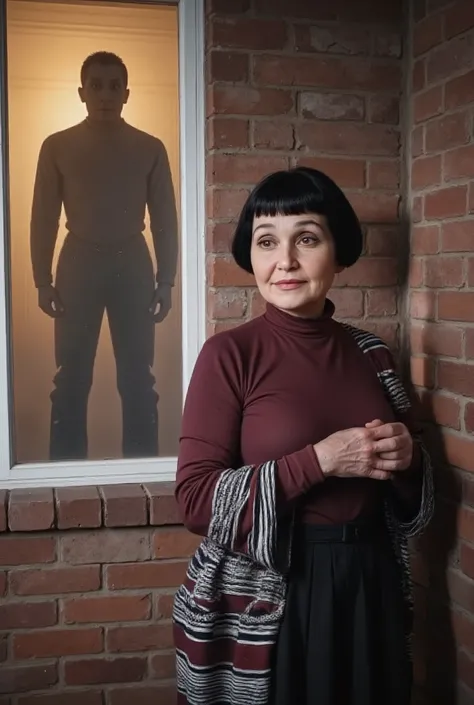 Very old white lady with black short bob hairstyle with a side bangs, she has brown eyes, She on a porch at this house she's stand by a window with blinds open and the lights on the inside the house are turned on. There are two men silhouette shadow figure...