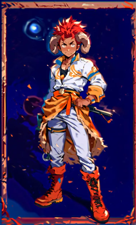 Young man with healthy tanned skin, slightly muscular ,I have gold and yellow mesh pattern hair,My eyes are a mix of orange and yellow,round double spiral horns like sheep's horns,clothes like a male idol costume,Jacket and pants,Pants wrapped i...