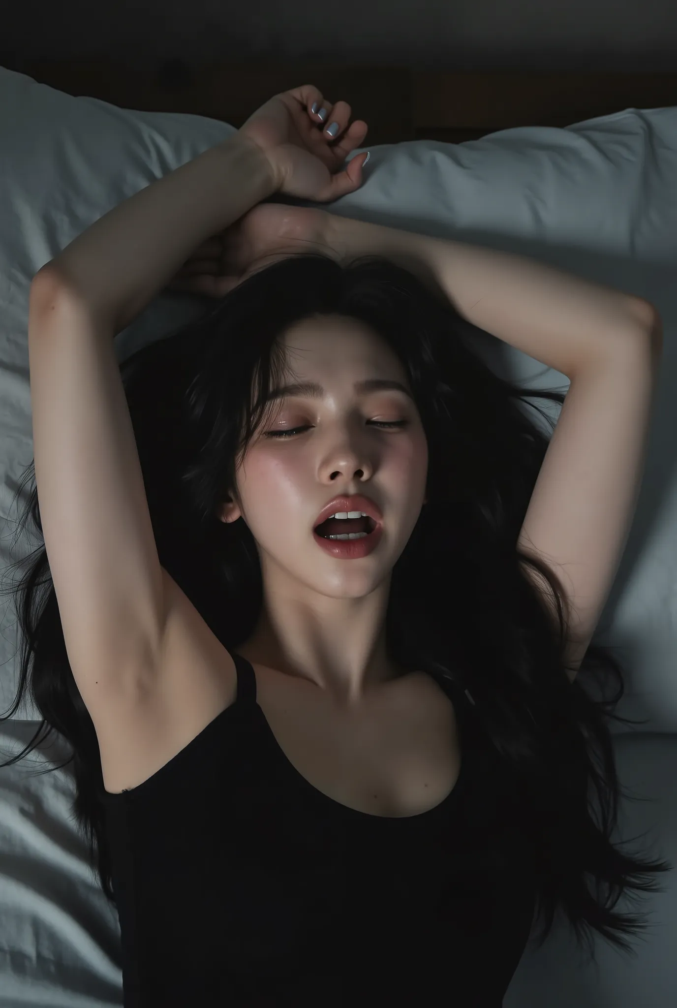 a 30 yo korean woman, slightly curvy, huge breast, wearing black tanktop, cleavage. ((crying face, Furrowed eyebrows, closing eyes, open mouth, face facing upwards)). lying on the bed. arms up, pale skin, long black hair