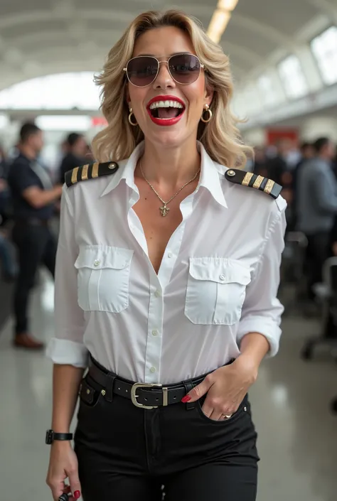 white glamour curvy norvegian ladies in line, pilot sunglasses, in a white unbuttoned customs officer shirt, white screaming ladies, laughing with her mouth open, red lipstick accentuating her smile,belt on waist, big wide hips, legs and plump buttocks and...