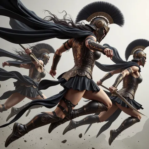 Greek Amazons in dark armor of almost black bronze, with polished golden bronze cups squeezing their breasts. Bronze helmet with a black mane, brown capes.