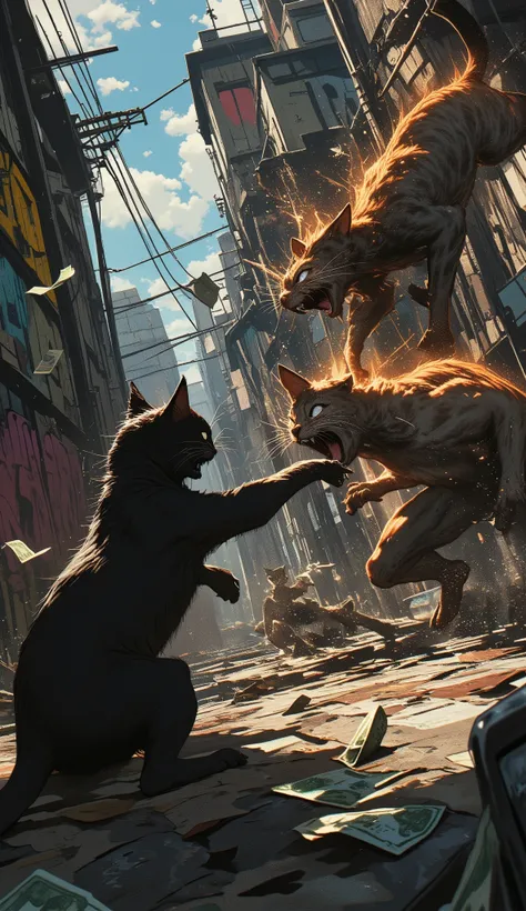 (最高傑作、最高傑作、32K, 受賞作品), GTA-style animation, cats fighting over territory in the back streets of Los Santos, bills flying, bribery, physical assaults, cat punches,