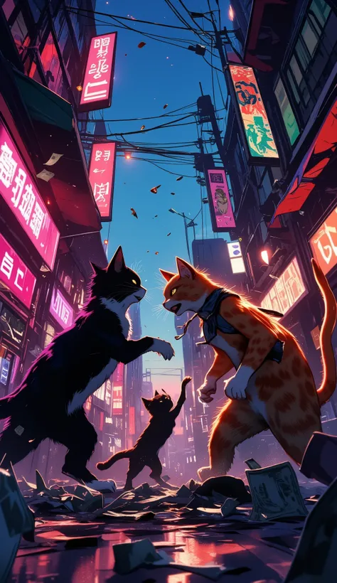 (最高傑作、最高傑作、32K, 受賞作品), GTA-style animation, cats fighting over territory in the back streets of Los Santos, bills flying, bribery