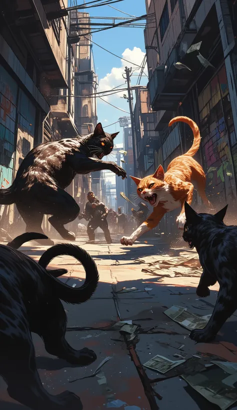 (最高傑作、最高傑作、32K, 受賞作品), GTA-style animation, cats fighting over territory in the back streets of Los Santos, bills flying, bribery, physical assaults, cat punches,