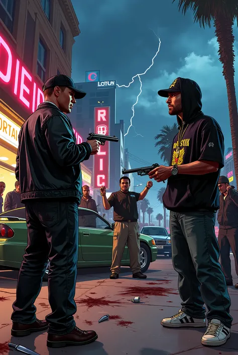 (((best quality))),(((ultra detailed))),(((masterpiece))),illustration,GTA gang war, bustling urban street night scenes, neon lights flashing, shops tightly closed. Two groups of gang members are facing off, one wearing a black leather jacket and baseball ...