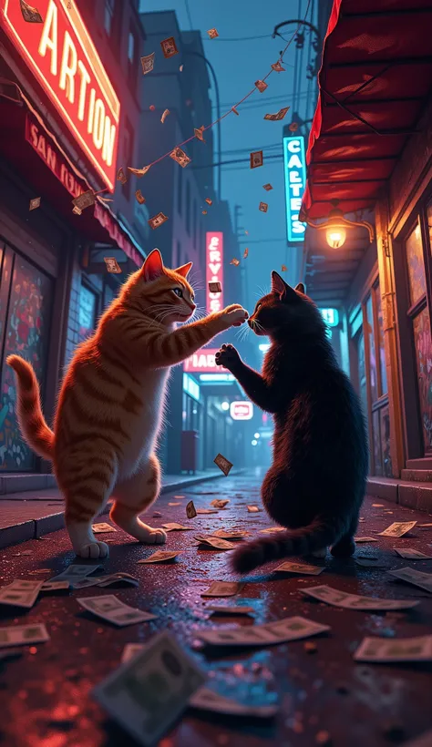 (最高傑作、最高傑作、32K, 受賞作品), GTA-style animation, cats fighting over territory in the back streets of Los Santos, bills flying, bribery