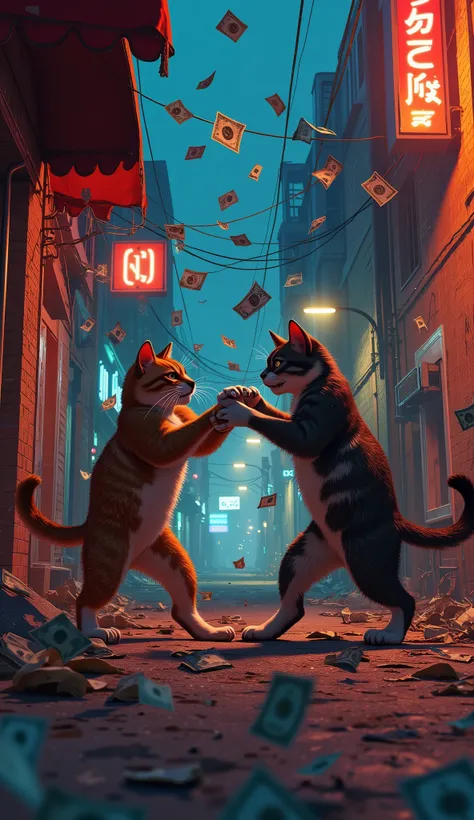 (最高傑作、最高傑作、32K, 受賞作品), GTA-style animation, cats fighting over territory in the back streets of Los Santos, bills flying, bribery