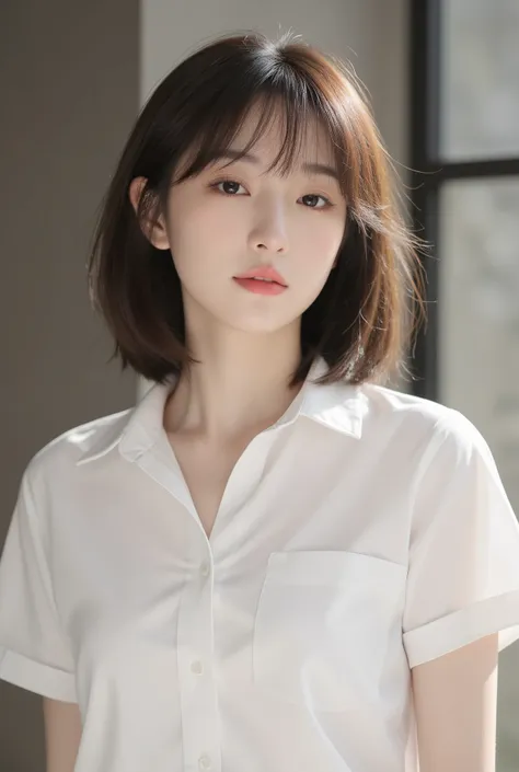 Holy light , high detail, ultra high definition, masterpiece, best quality, 4k, without white pattern.shirt, without pattern , bust, indoor, No light , without exposure, light background,Plain clothes, without a grunge, 밝은 indoor, language