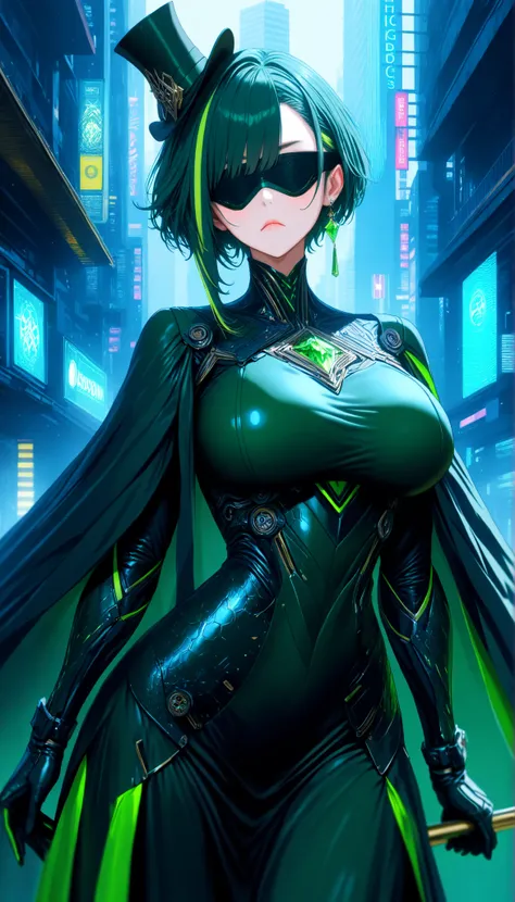 SOLO,Cyberpunk city background, A female robot with perfect body,oppai,Wearing Dark green biological armor,(Dark green Princess dress long hem),(Cyber blindfold),(Dark green hair, short hair,streaked hair, asymmetrical hair),frown,A Dark green Mini top hat...