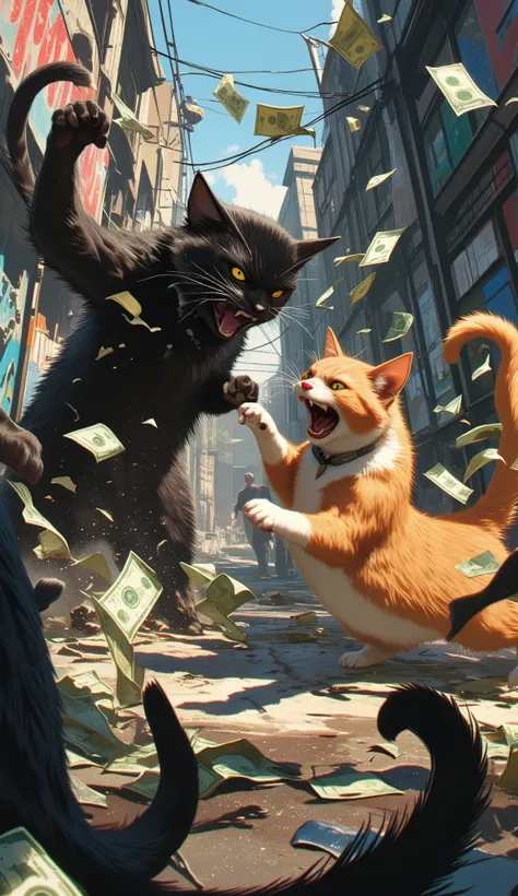 (最高傑作、最高傑作、32K, 受賞作品), GTA-style animation, cats fighting over territory in the back streets of Los Santos, bills flying, , cat punches,