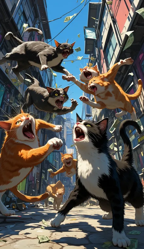 (最高傑作、最高傑作、32K, 受賞作品), GTA-style animation, cats fighting over territory in the back streets of Los Santos, bills flying, , cat punches,