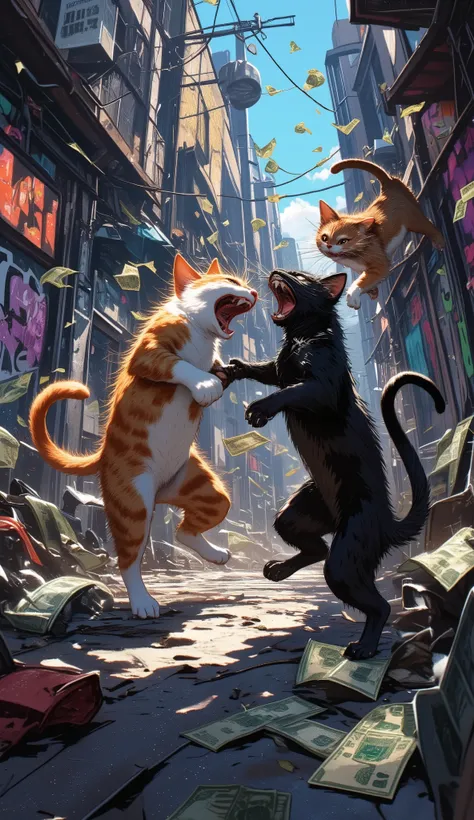 (最高傑作、最高傑作、32K, 受賞作品), GTA-style animation, cats fighting over territory in the back streets of Los Santos, bills flying, , cat punches,