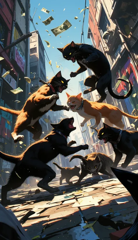 (最高傑作、最高傑作、32K, 受賞作品), GTA-style animation, cats fighting over territory in the back streets of Los Santos, bills flying, , cat punches,