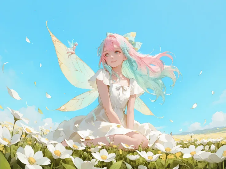 Girls' Front, neat figure, Beautiful detailed girl, young, long hair, flowing hair, Beautiful face, beauty detailed eye, opal-colored hair, smile, flowery hair bow, flowery sundress, fairy wings, bright, wariza, plucking flowers, (petals:1.3), flying small...