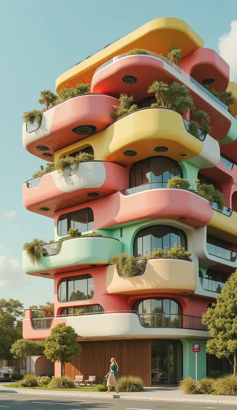 Close-up of a beautiful smiling Norwegian woman. A hyperrealistic photo of an office building in Dubai, made with futuristic, capsule-shaped horizontal modules of different colors, in the style of artist Pablo de la Chapelle and influenced by the works of ...