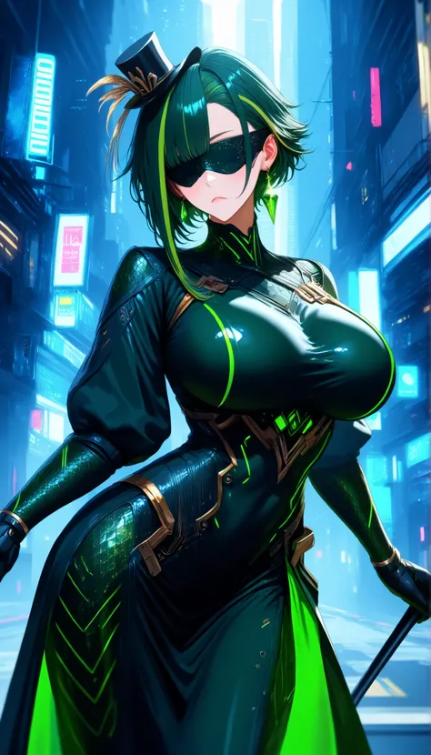 SOLO,Cyberpunk city background, A female robot with perfect body,oppai,Wearing Dark green biological armor,(Dark green Princess dress long hem),(Cyber blindfold),(Dark green hair, short hair,streaked hair, asymmetrical hair),frown,A Dark green Mini top hat...