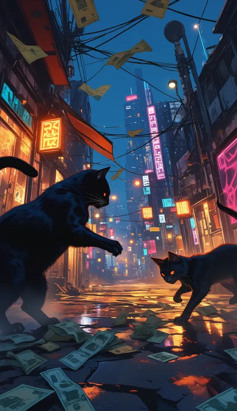 (最高傑作、最高傑作、32K, 受賞作品), GTA-style animation, cats fighting over territory in the back streets of Los Santos, bills flying, bribery