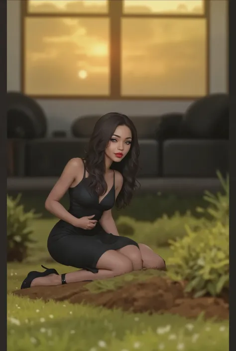 A black woman on her knees in the grass in front of her home at sunset, crying in a elegant black dress, elegant high heels, she have her hair down in waves with a middle part, her eyes are brown, juicy plump lips with red lipstick.