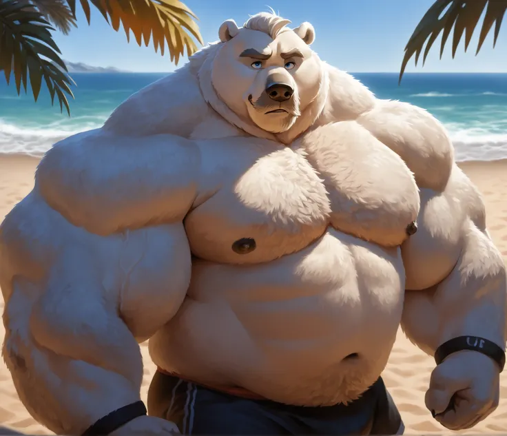 Best quality, Super detailed illustration, cartoon illustration, ultra high 4k quality, ((masterpiece, best quality)) by Disney, by Disney, anthro Polar Bear,, large huge bulked up muscular polar bear in Californian beach, big grunting noise, big bulked up...