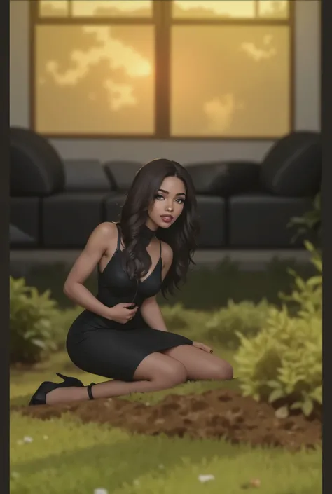 A black woman on her knees in the grass in front of her home at sunset, crying in a elegant black dress, elegant high heels, she have her hair down in waves with a middle part, her eyes are brown, juicy plump lips with red lipstick.