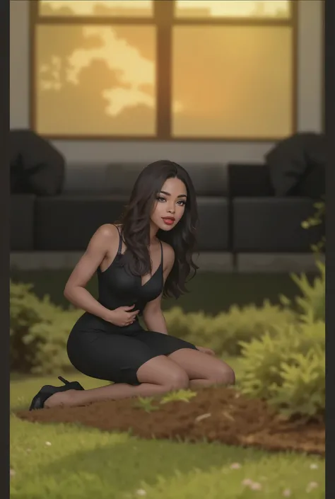 A black woman on her knees in the grass in front of her home at sunset, crying in a elegant black dress, elegant high heels, she have her hair down in waves with a middle part, her eyes are brown, juicy plump lips with red lipstick.