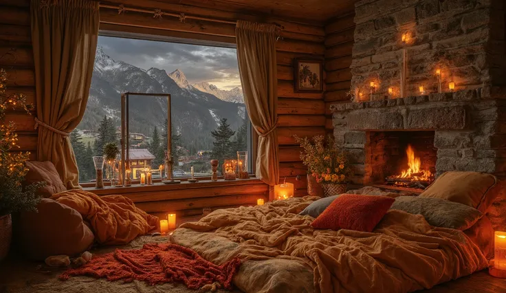 phòng cozy với lò sưởi và một chiếc giường với gối và chăn, cozy wallpaper, nơi cozy, phòng cozy , cozy environment,distant landscape painting with reverse view , warm natural lodge in light yellow tones , has a modern built-in fireplace thickened in the c...