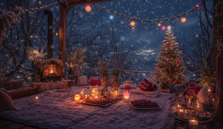 A romantic village on top of a village in the Himalayas teaches about vibrant colors at night The photo shows a romantic outdoor space but surrounded by glass on the sides and a canopy with falling snow , many hugging pillows and a bright white blanket se...