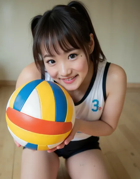 Retro-inspired portrait of a young Japanese volleyball player captured in a vintage studio setting. She's dressed in classic 90s-style volleyball gear — white and black uniform with tight black shorts and white padded accessories. Holding a colorful volley...
