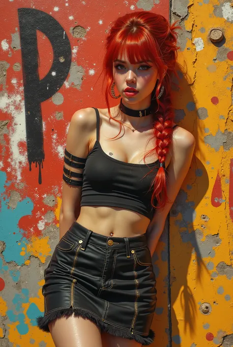 masterpiece, Best quality, 1 girl, Alone, Stylish cropped top, Vibrant red hair, elegant braid, soft bangs, collars, (scribbles:1.5), artistic paint splatter, Arms behind, leaning back against the wall, looking at viewer, Fashion armbands, hip hop style, S...