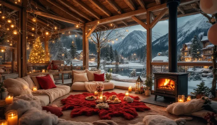Image depicts a cozy, rustic outdoor living space with a wooden structure and open layout, overlooking a serene,Pictures show super realistic a romantic outdoor scene khunggtalk but surrounded by glass on the sides and ceiling with snow accumulating ,huggi...