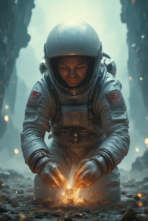 ( Astronaut is kneeling and facing something in front of him, terrifying that when touching he begins to destroy his costume, his face is static due to the effects of having touched something unknown in front of him, create a very enlarged and terrifying i...