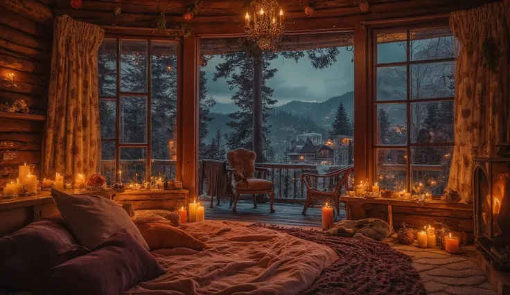 phòng cozy với lò sưởi và một chiếc giường với gối và chăn, cozy wallpaper, nơi cozy, phòng cozy , cozy environment,distant landscape painting with reverse view , warm natural lodge in light yellow tones , has a modern built-in fireplace thickened in the c...