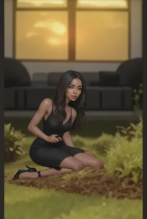 A sad married woman crying with tears rolling down her faces, she is a black woman on her knees in the grass in front of her home at sunset, in a elegant spaghetti strip black dress with no sleeves, she is wearing black with red trim elegant high heels sti...